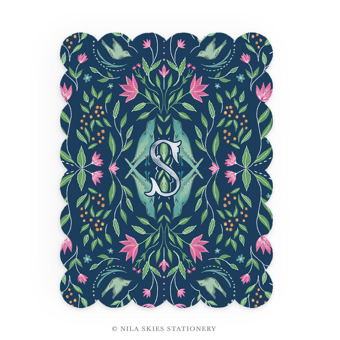 Personalizable Navy Birds Scalloped Notecards - Set of 10
