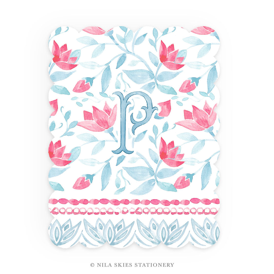 Personalizable Red and Blue Floral Scalloped Notecards - Set of 10