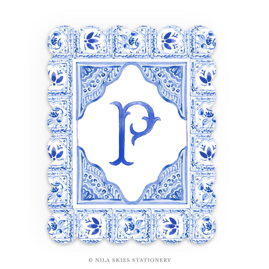 Personalizable Blue Tiled Scalloped Notecards - Set of 10