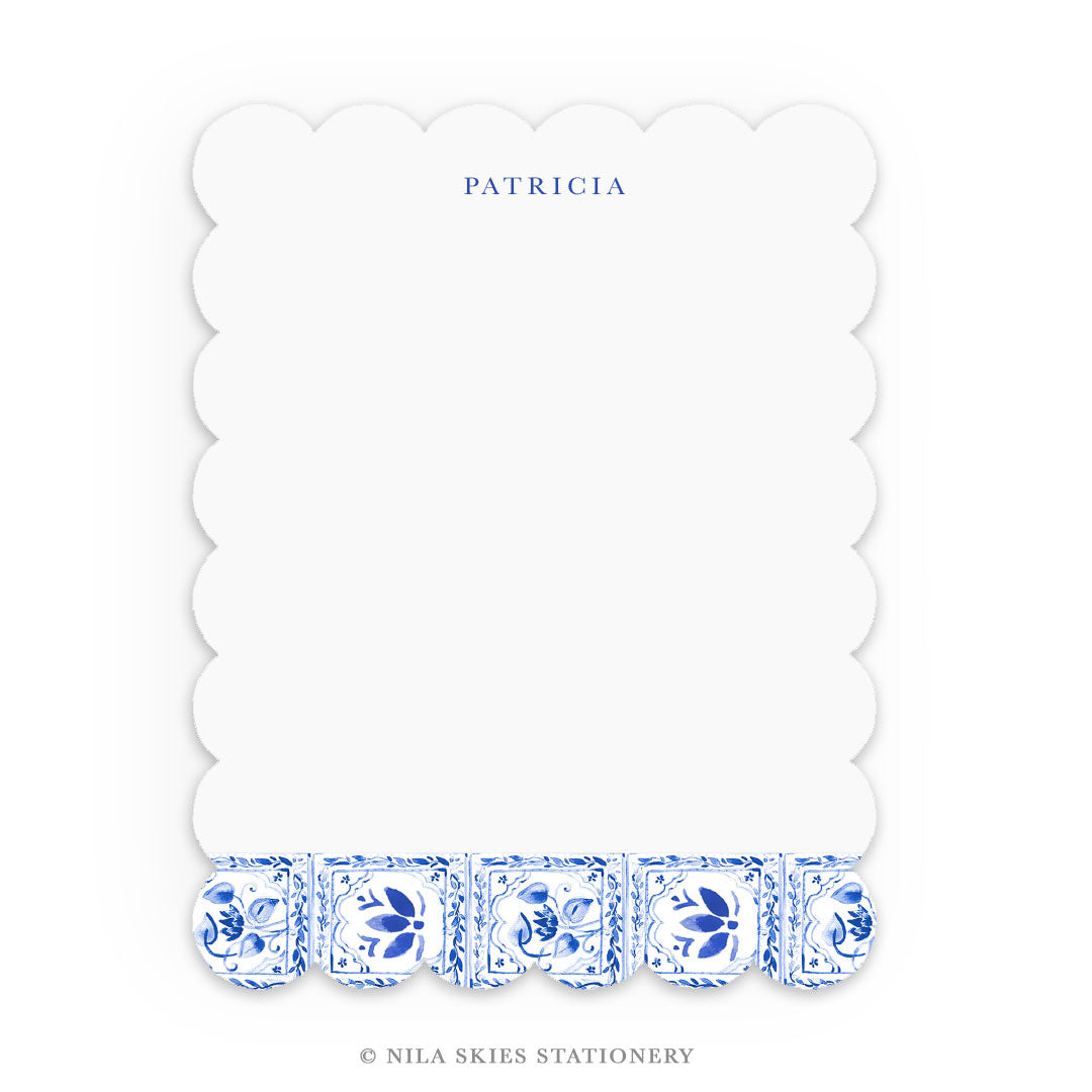 Personalizable Blue Tiled Scalloped Notecards - Set of 10