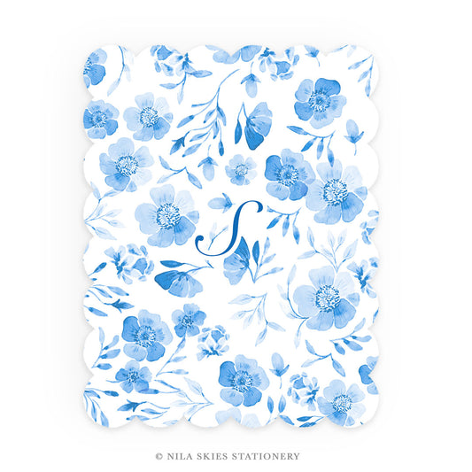 Personalizable Blue Floral Scalloped Notecards - Set of 10