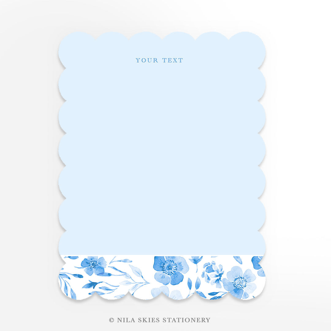 Personalizable Blue Floral Scalloped Notecards - Set of 10