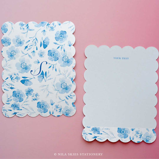 Personalizable Blue Floral Scalloped Notecards - Set of 10