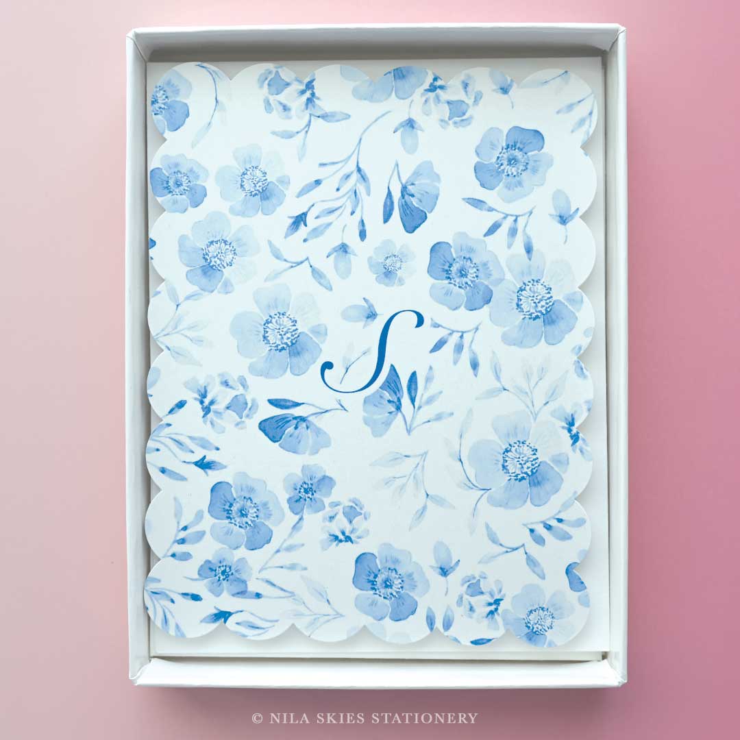 Personalizable Blue Floral Scalloped Notecards - Set of 10
