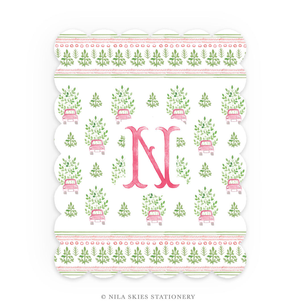Personalizable Holiday Cars Scalloped Notecards - Set of 10