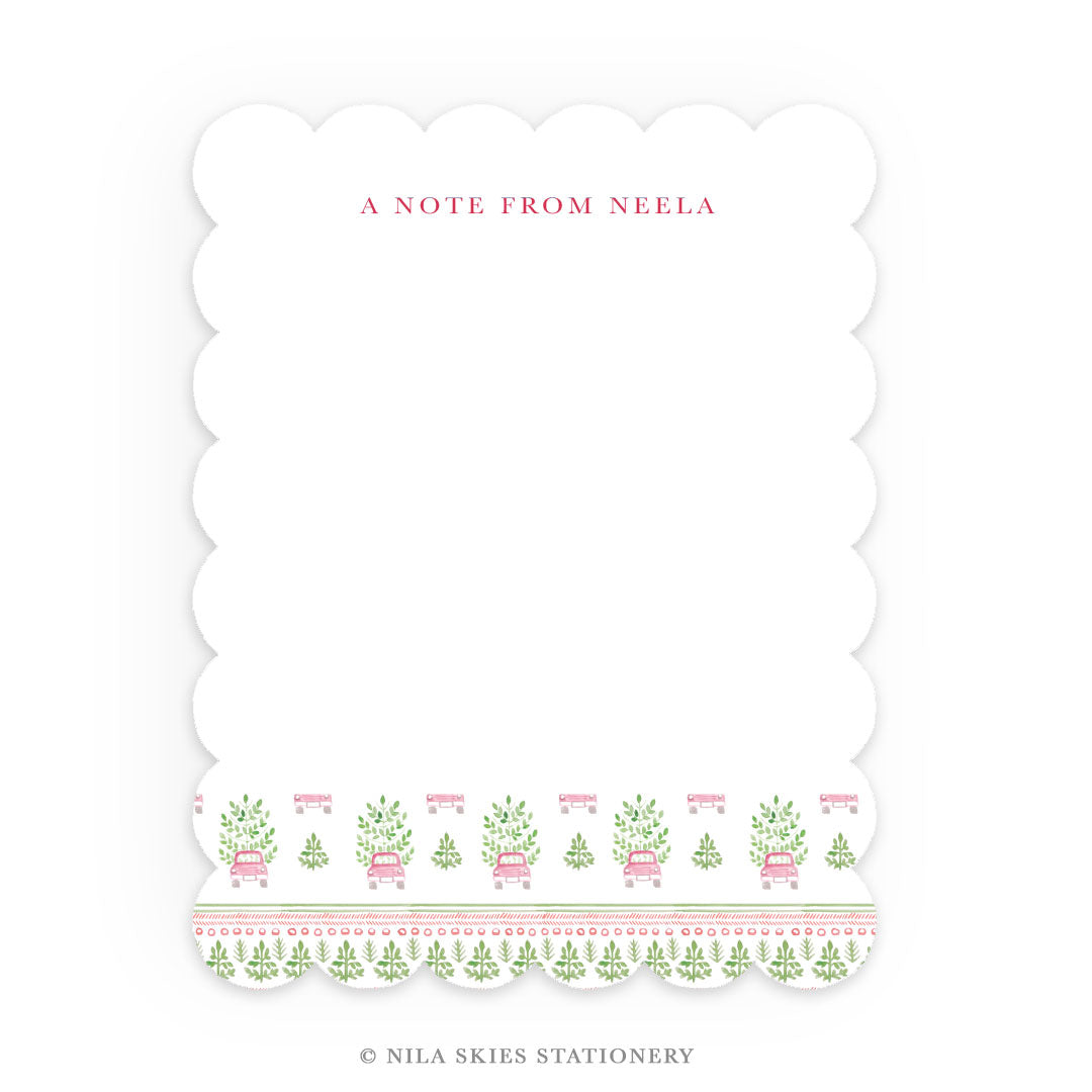 Personalizable Holiday Cars Scalloped Notecards - Set of 10
