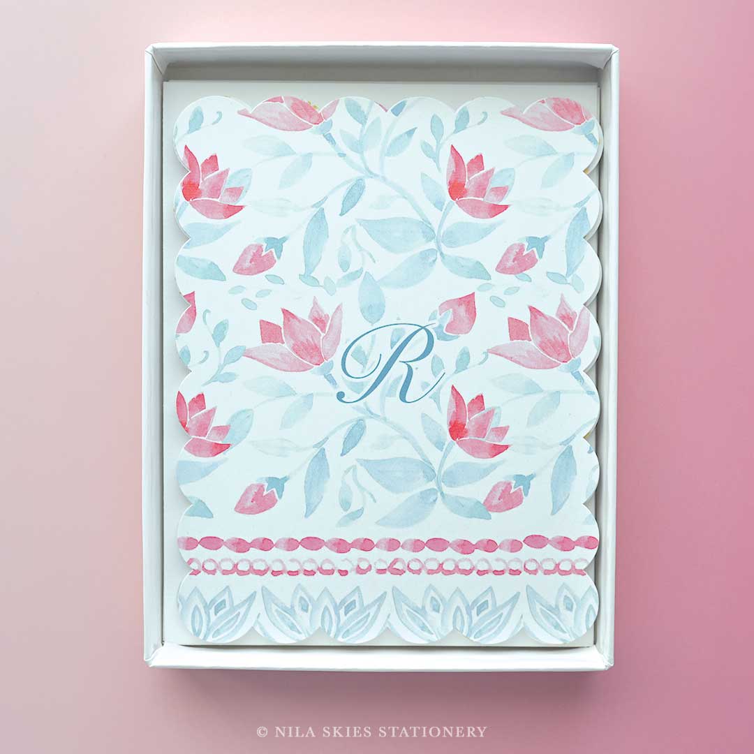 Personalizable Red and Blue Floral Scalloped Notecards - Set of 10