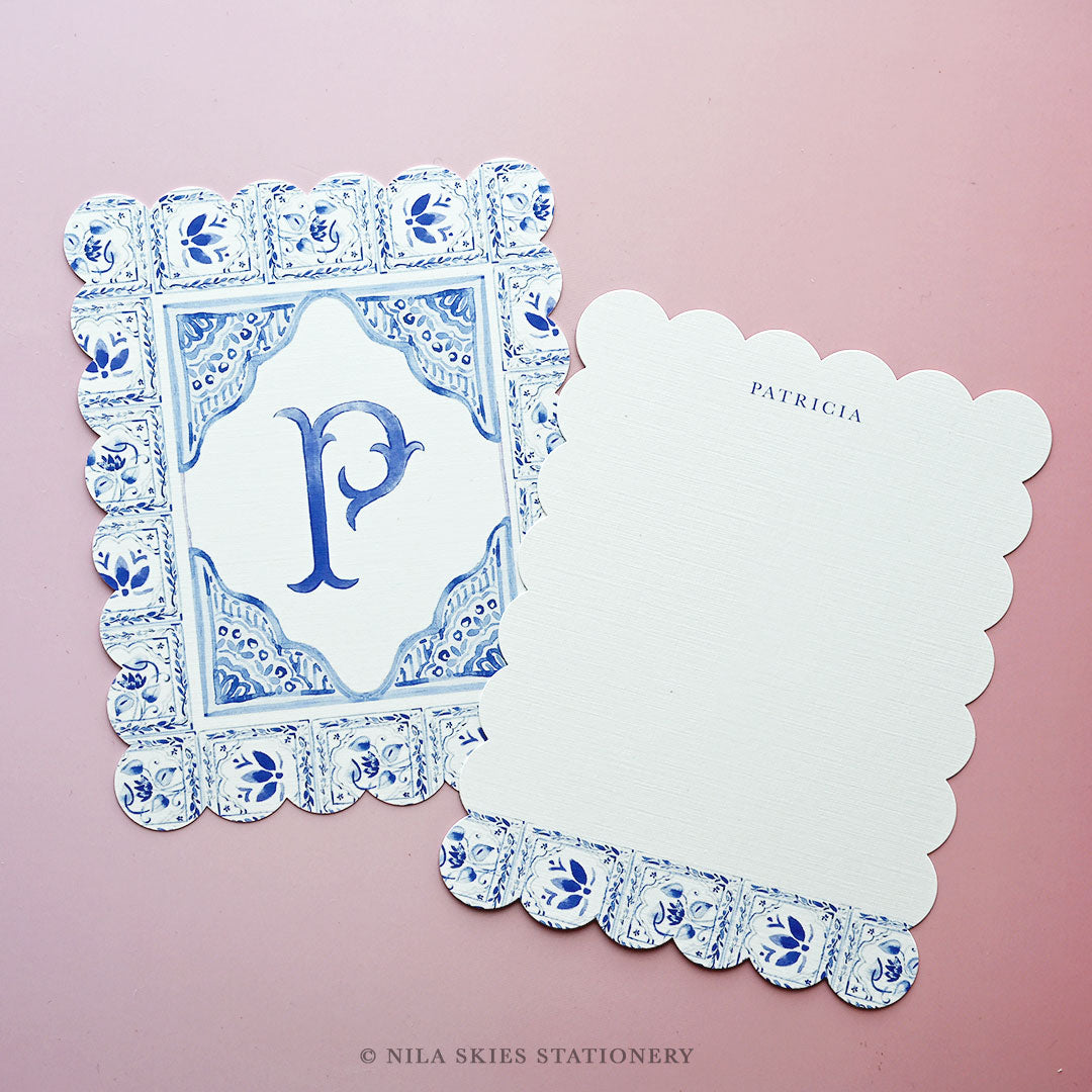 Personalizable Blue Tiled Scalloped Notecards - Set of 10