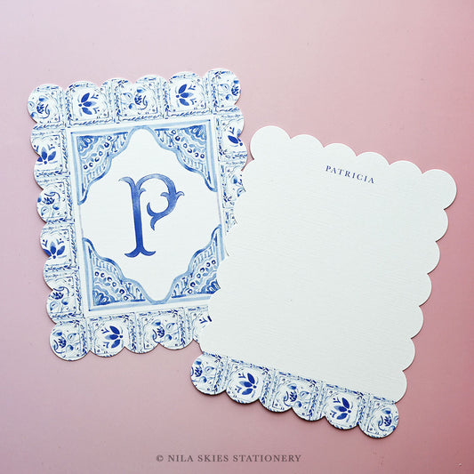 Personalizable Blue Tiled Scalloped Notecards - Set of 10