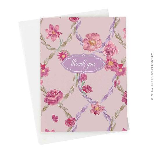 Pink Floral Vines Thank You Card
