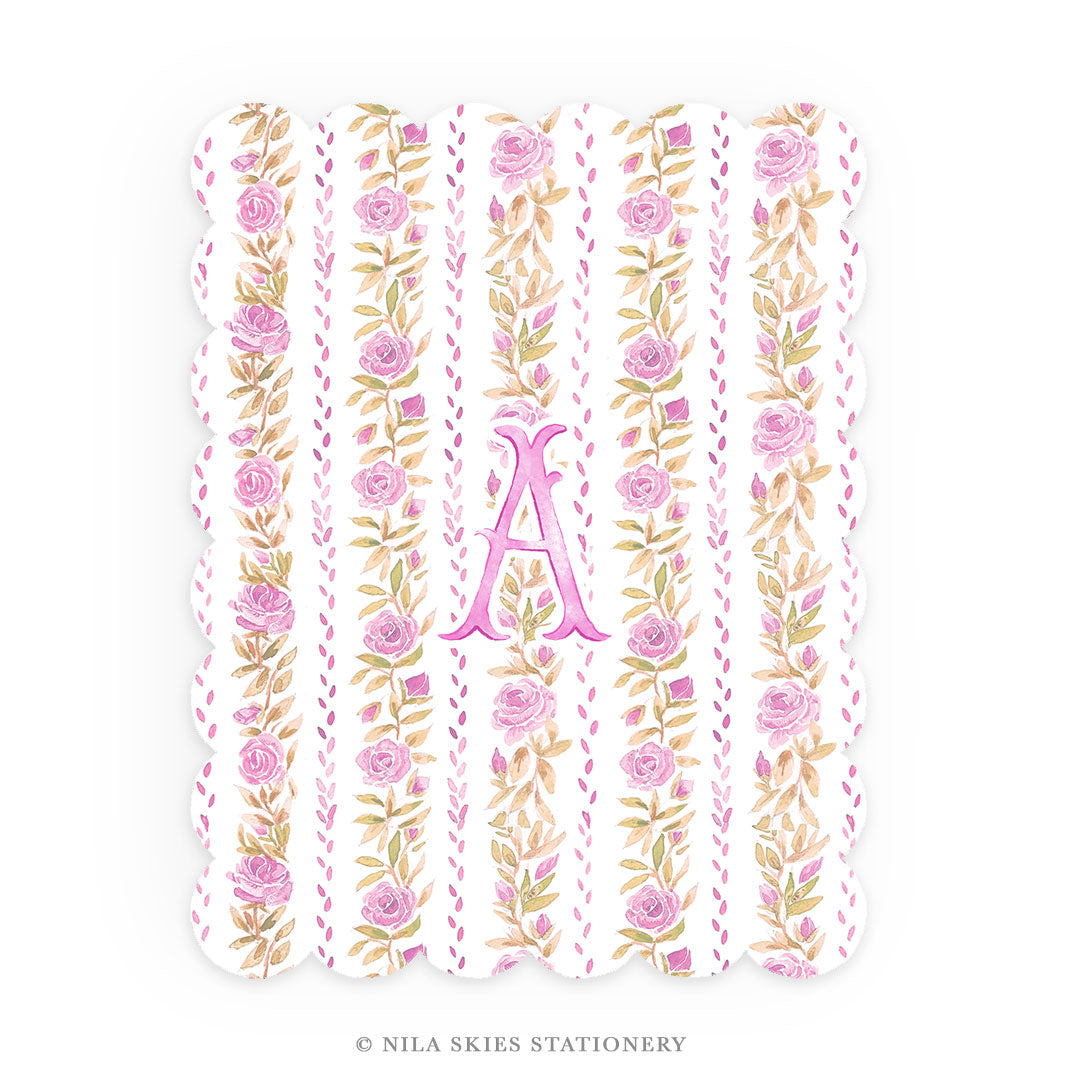 Personalizable Floral Stripe Scalloped Notecards - Set of 10