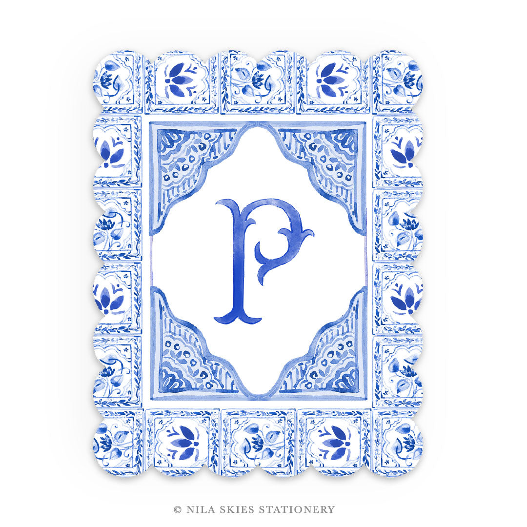 Personalizable Blue Tiled Scalloped Notecards - Set of 10