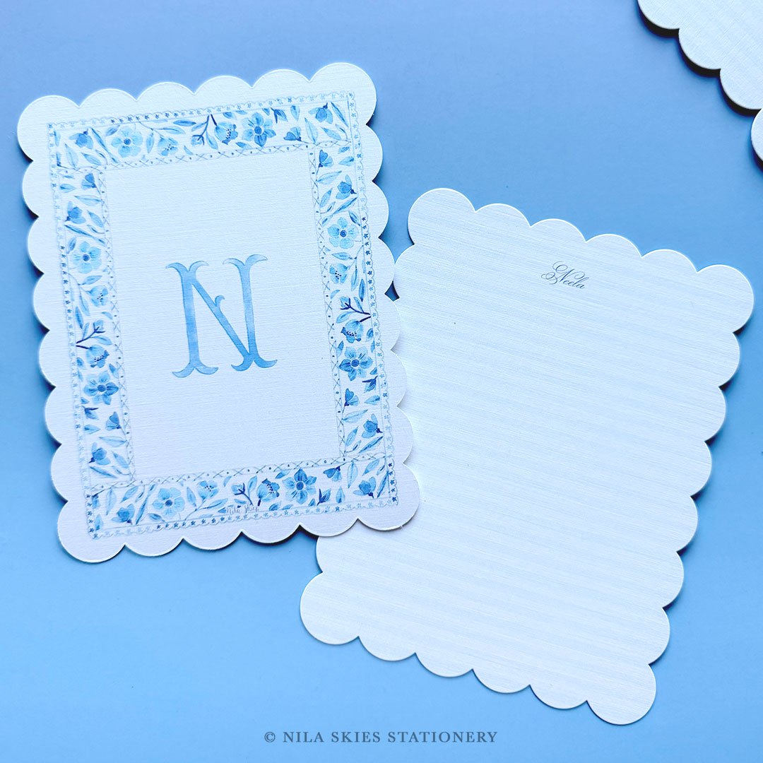 Personalizable Blue Border Scalloped Notecards  - Set of 10