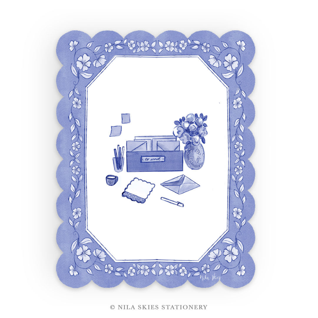 Personalizable "Blue Desk" Scalloped Notecards  - Set of 10