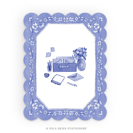 Personalizable "Blue Desk" Scalloped Notecards  - Set of 10