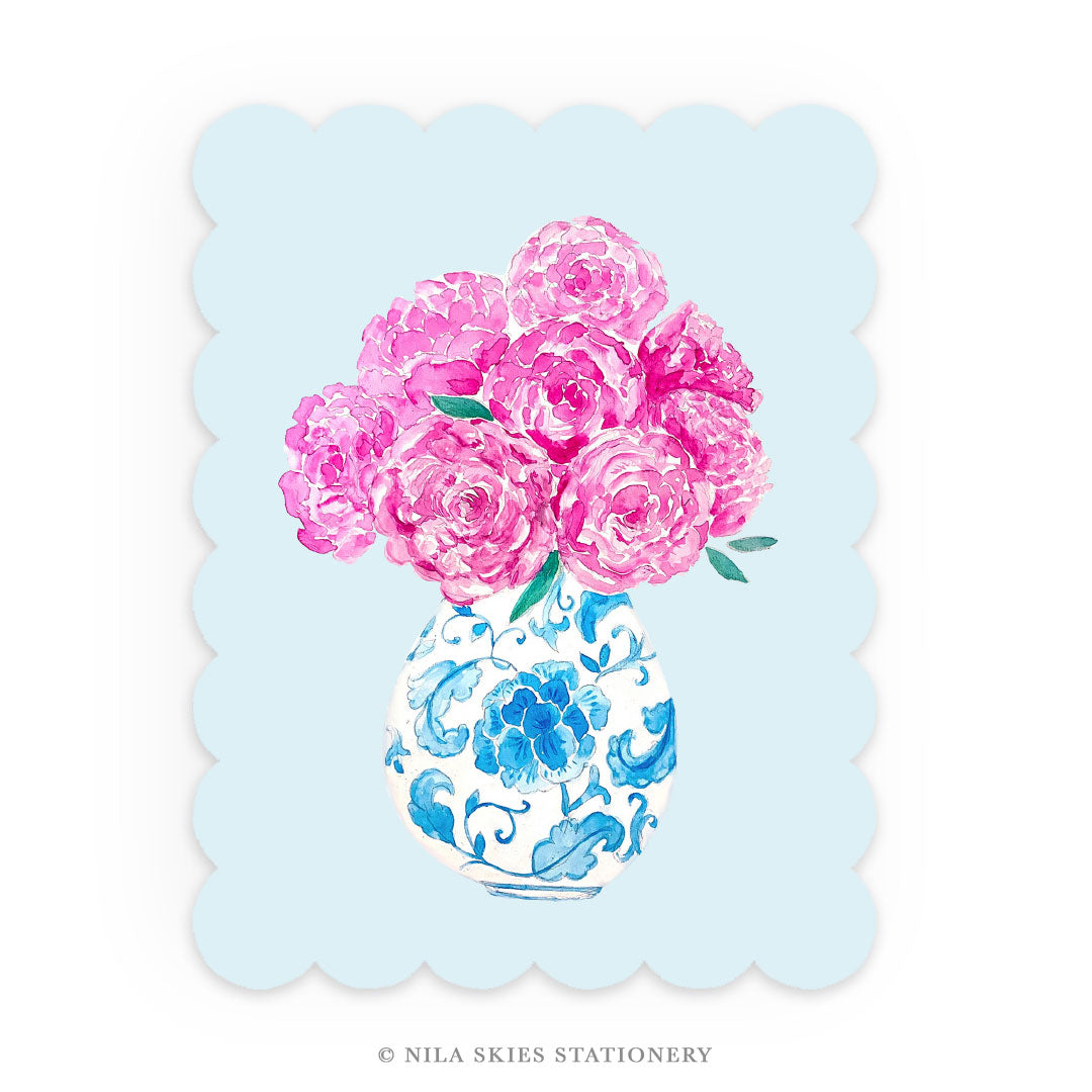 Personalizable Pink Peony in Vase Scalloped Notecards