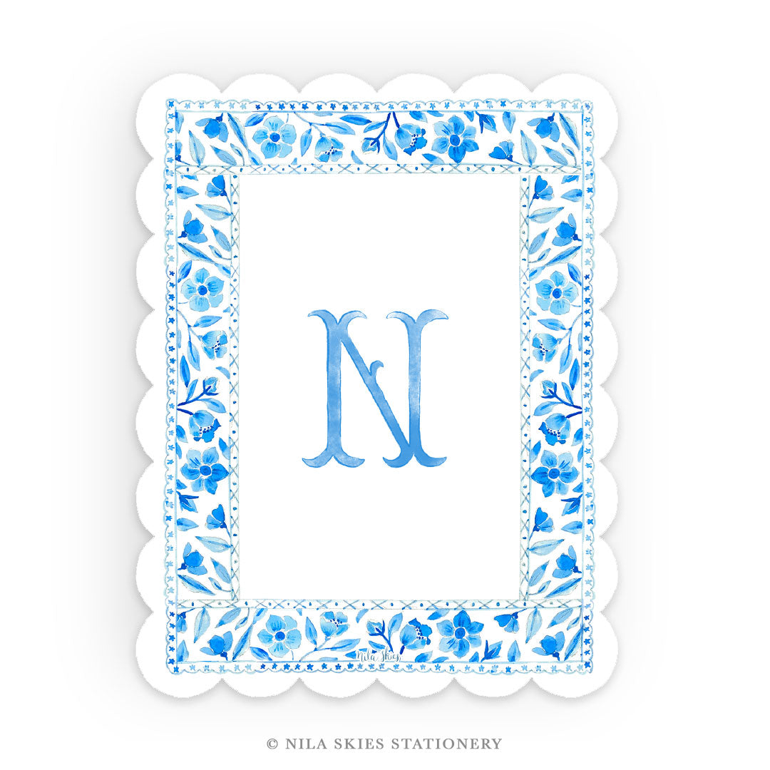 Personalizable Blue Border Scalloped Notecards  - Set of 10