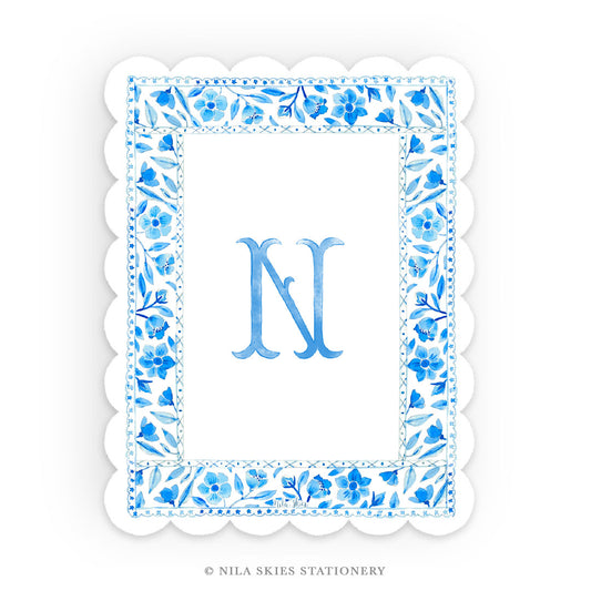 Personalizable Blue Border Scalloped Notecards  - Set of 10