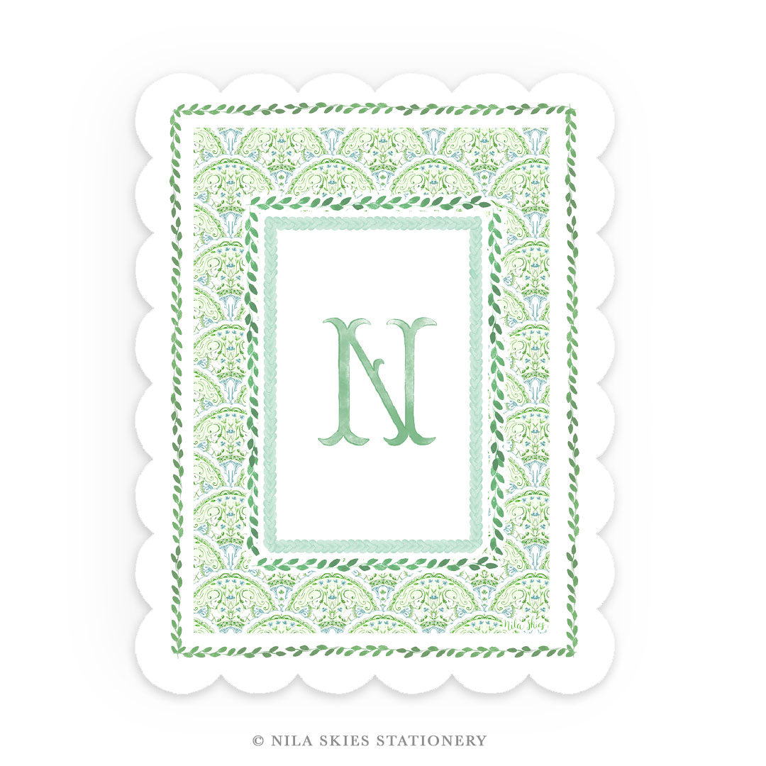 Personalizable Green Border Floral Scalloped Notecards