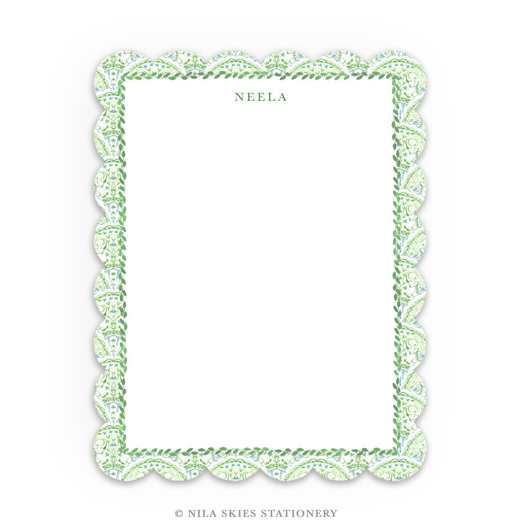 Personalizable Green Border Floral Scalloped Notecards