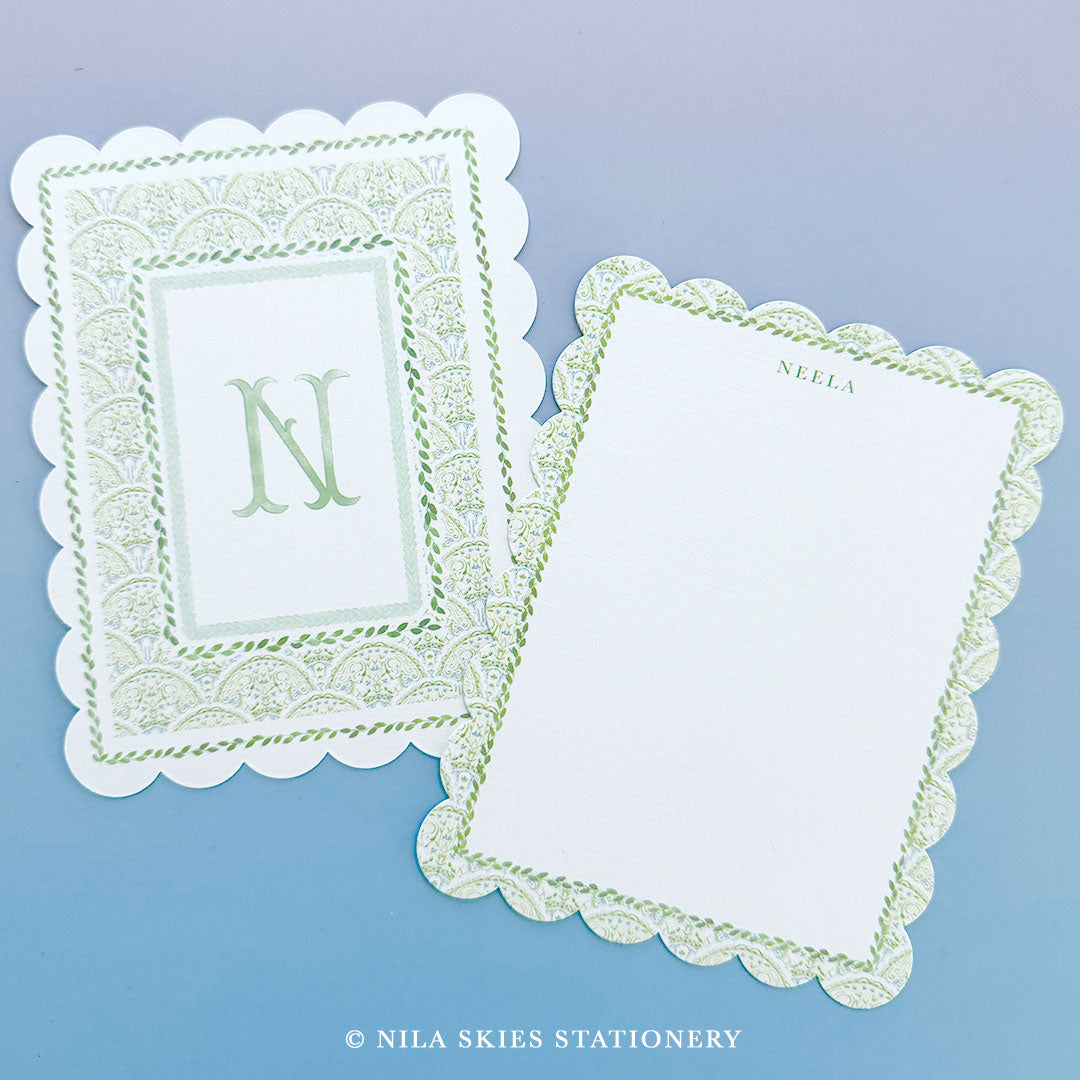 Personalizable Green Border Floral Scalloped Notecards