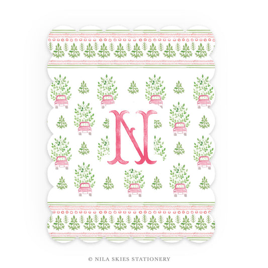 Personalizable Holiday Cars Scalloped Notecards - Set of 10