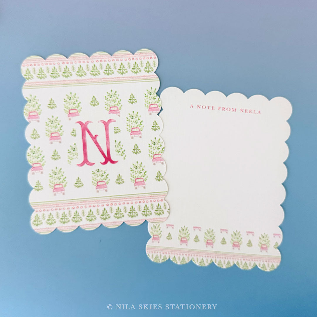 Personalizable Holiday Cars Scalloped Notecards - Set of 10