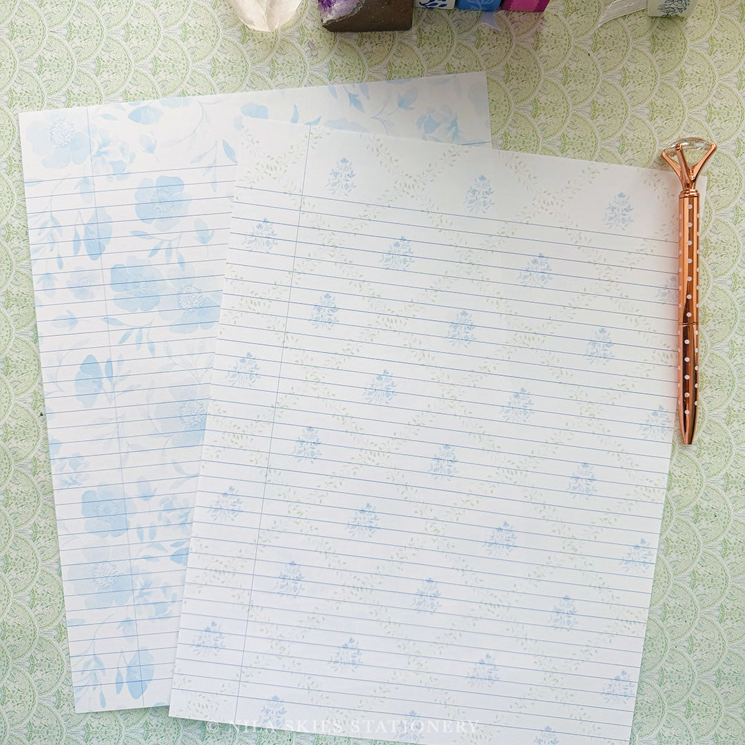 Patterned Lined Paper - Blue Floral and Diamonds