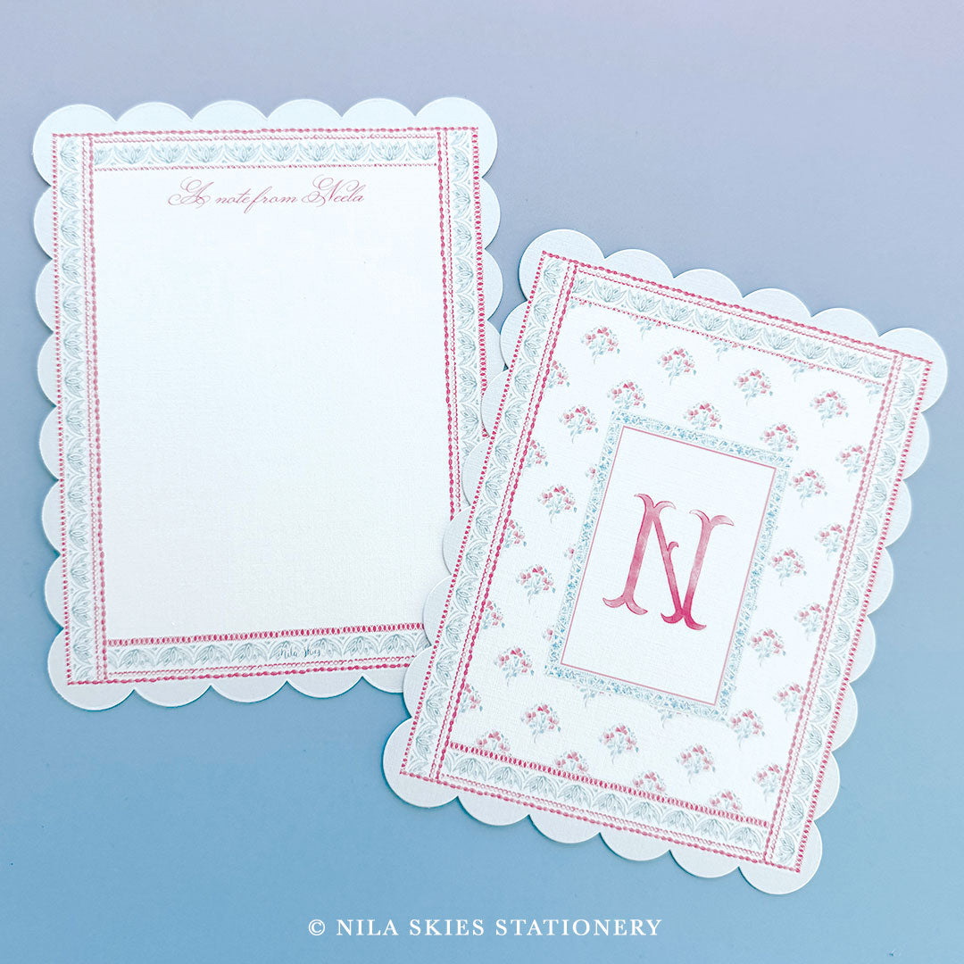 Personalizable Red and Blue Border Floral Scalloped Notecards