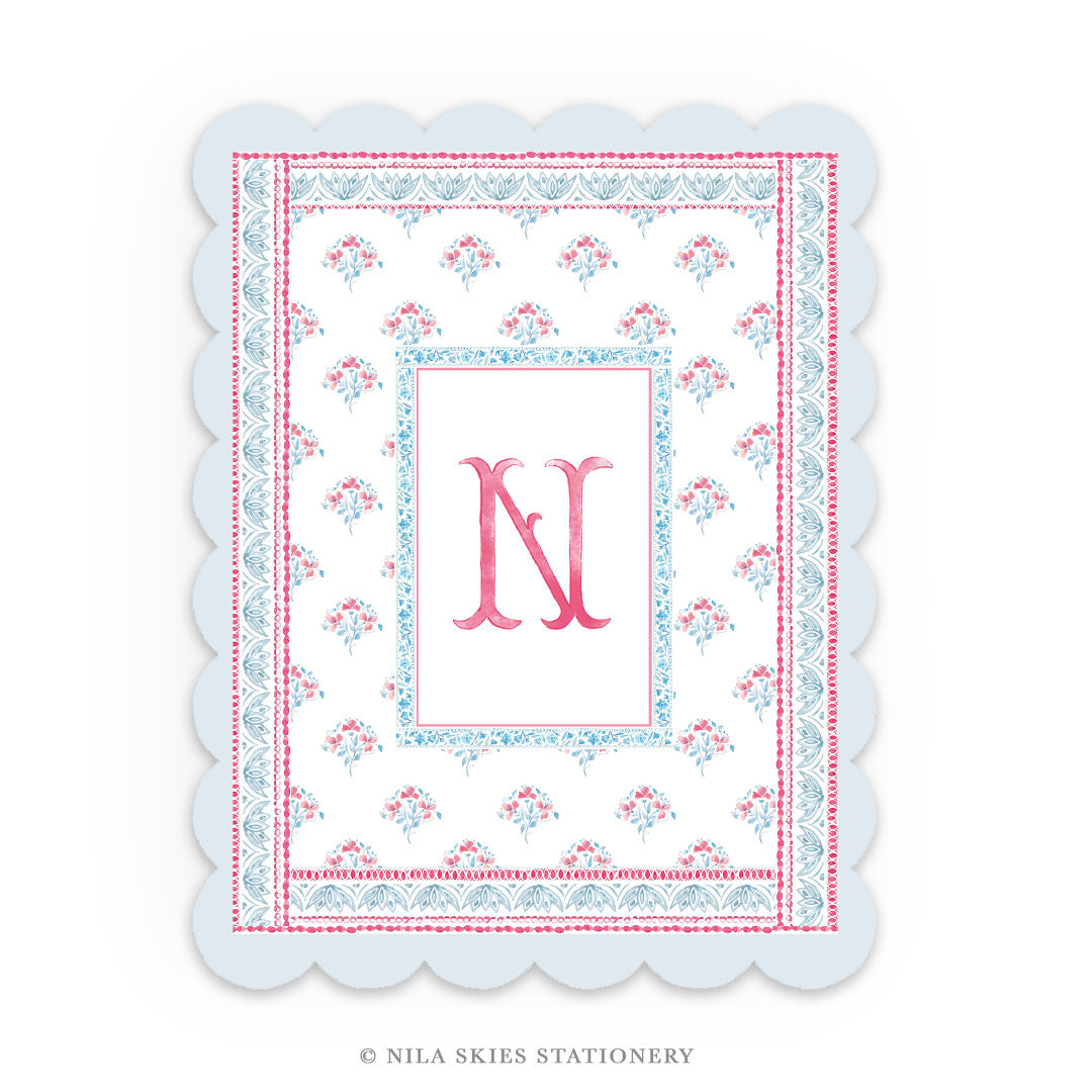 Personalizable Red and Blue Border Floral Scalloped Notecards