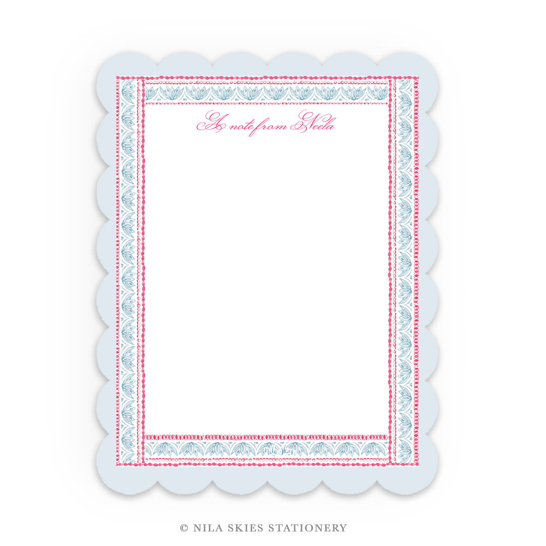 Personalizable Red and Blue Border Floral Scalloped Notecards