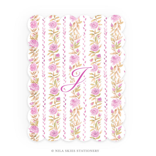 Personalizable Floral Stripe Scalloped Notecards - Set of 10